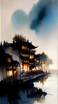 灯火小镇，唯美夜景，琼楼，河流，明月，星光，写实中国风