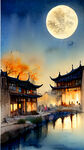 月光下的古镇灯火，唯美夜景，琼楼，河流，明月，星光，写实中国风