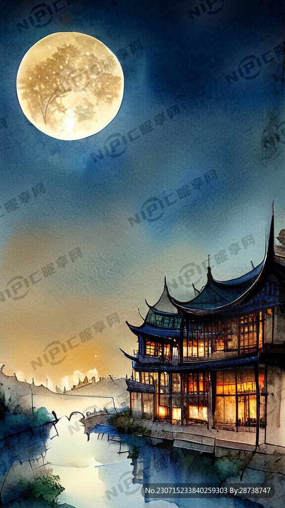 月光下的古镇灯火 唯美夜景
