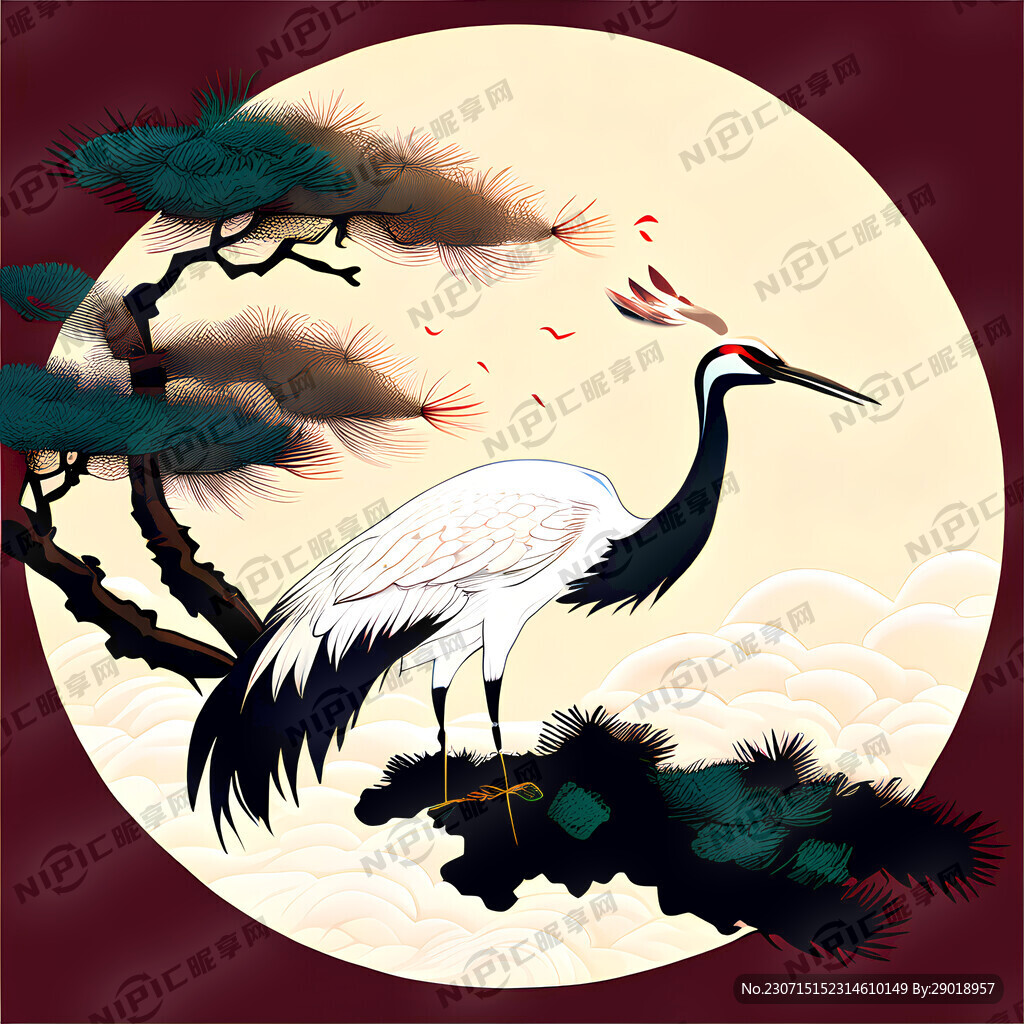 丹顶鹤 白色祥云 迎客松