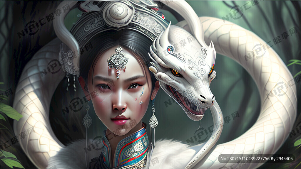 少女苗疆银饰白色的蛇森林