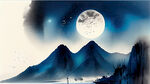 在广阔的野外深蓝色的星空下中国剑客挥剑指向月亮