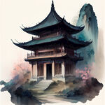 中国古建筑，中国风，色彩丰富，明亮，多层次
