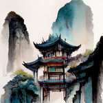 中式古建筑，中国风，色彩丰富，明亮，多层次