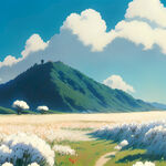 宫崎骏风格，山后软如棉的白云，浅蓝色的天空，漫山遍野绿郁葱葱的花草植被，高纯度颜色，黄金比例构图，中远景，层次丰富，太阳光