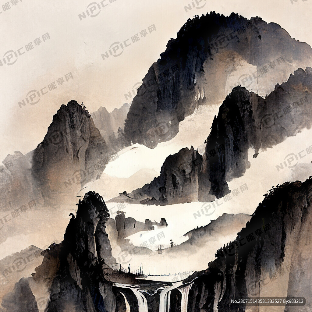 山谷 瀑布 中国风 中国画