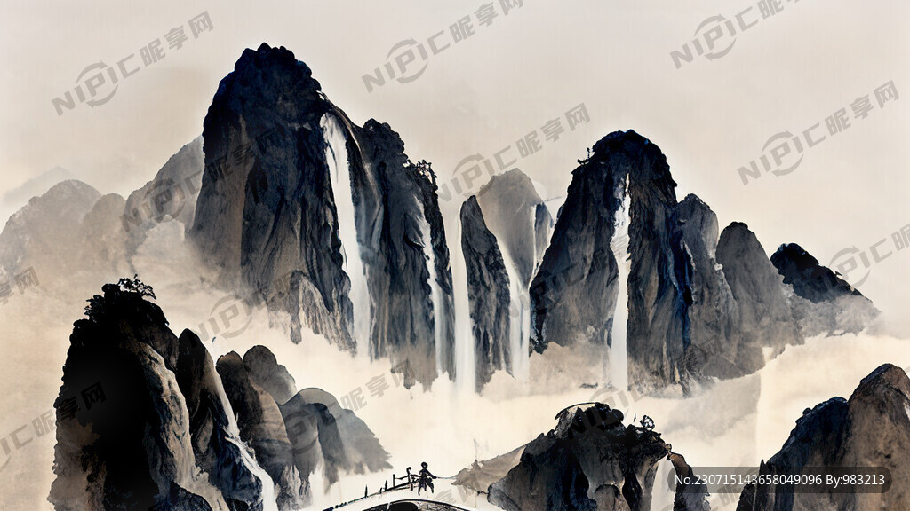 群山 瀑布 中国风 仙鹤 小桥