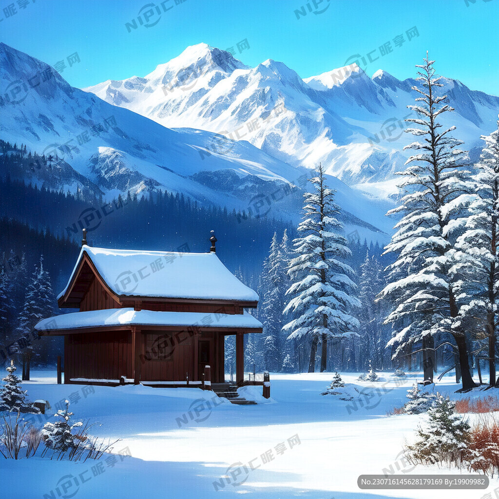 冬天雪景 远山 枯树 水面