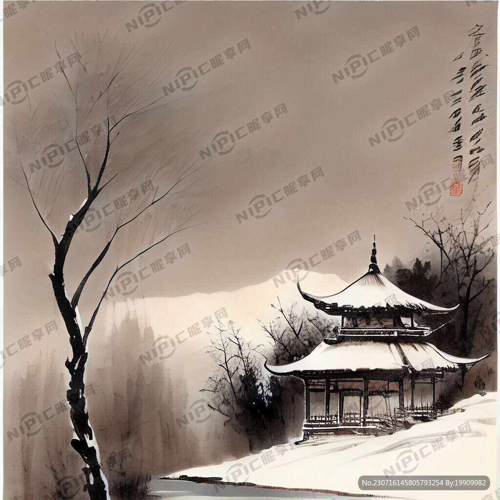 冬天雪景 远山 枯树 水面