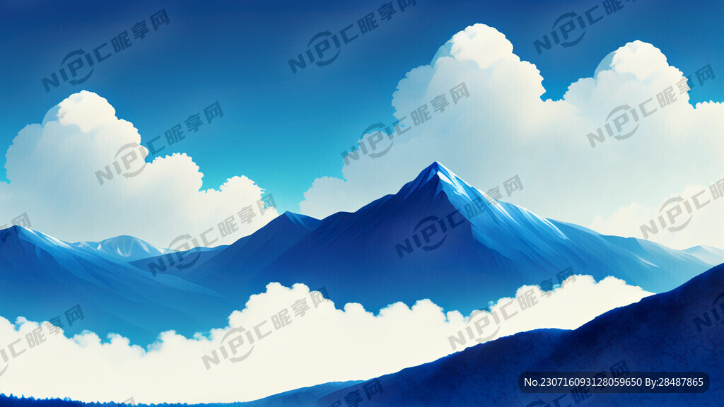 蓝色山脉上蓝天白云