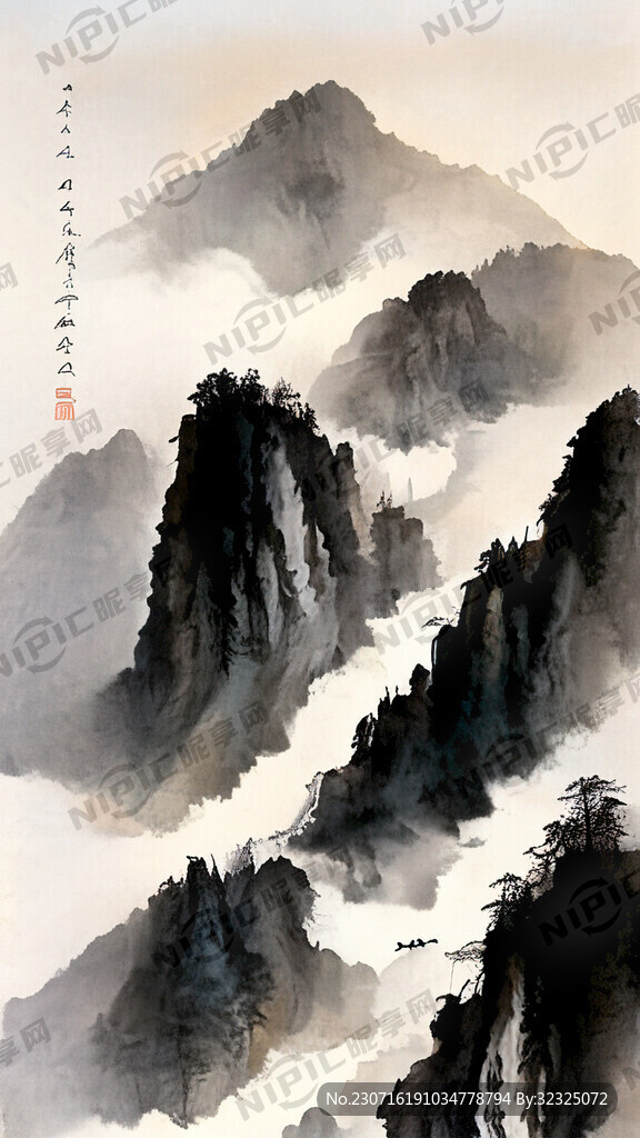 山水画 瀑布 悬崖峭壁
