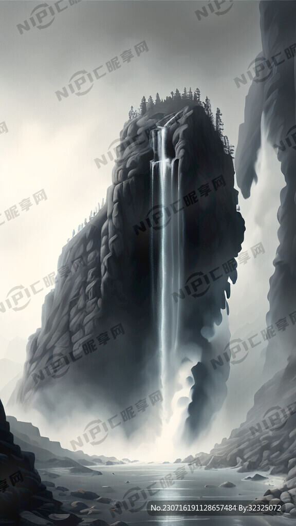 山水 瀑布 悬崖峭壁 烟雾缭绕