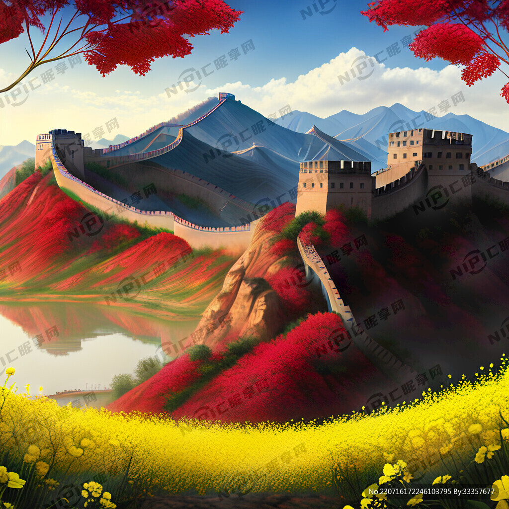 油菜花加长城背景加红叶山体