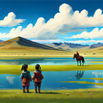 蒙古包牧马人蒙古人草原蓝天湖水蒙古小孩