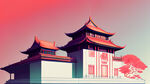 画面右侧建筑设计线稿，几何造型元素，纯色渐变背景，场景开阔
