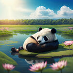 熊猫在荷花上躺着对着天空，悠闲睡觉，池塘景色美丽，阳光明媚，夏天蓝色天空