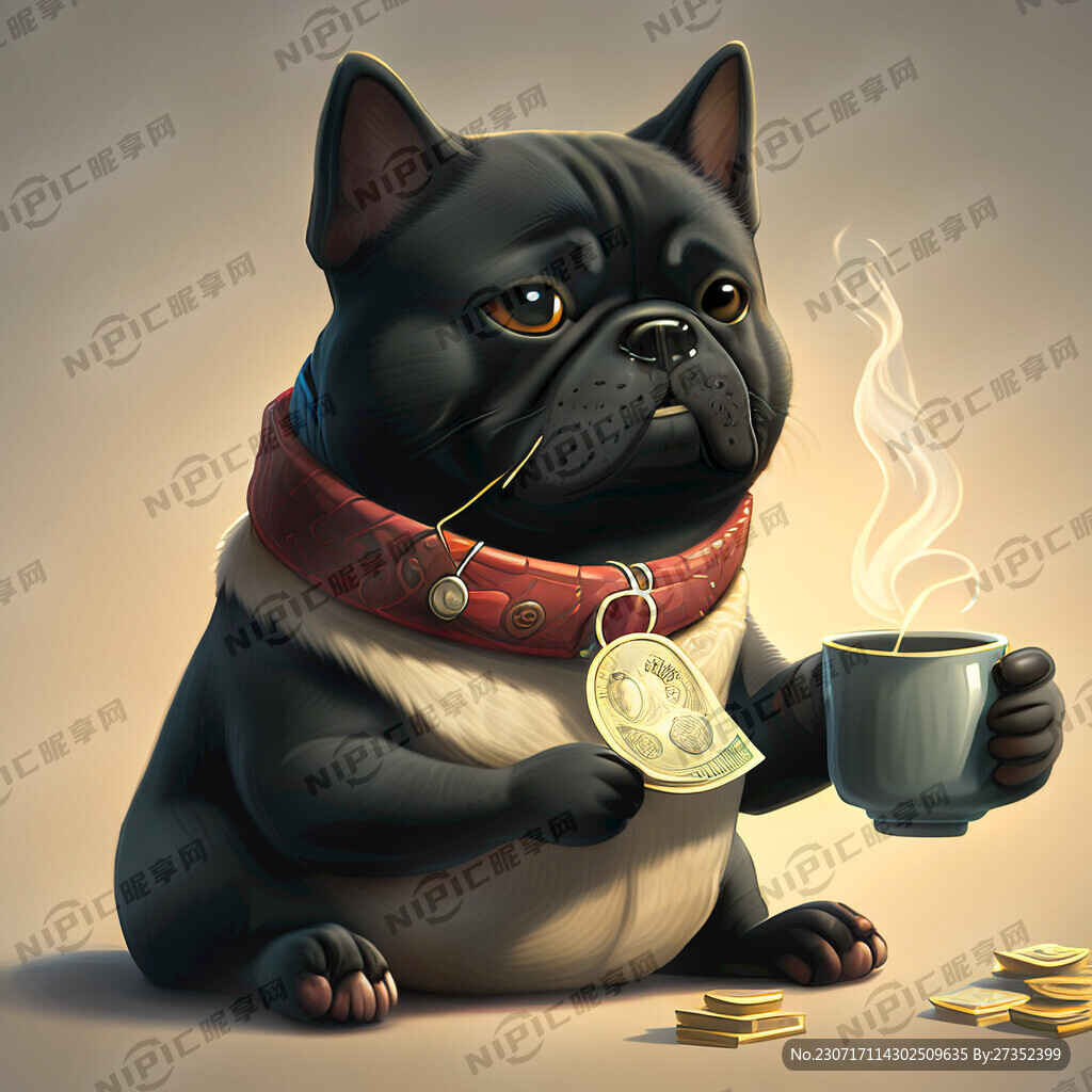 黑色柴犬脖子带铜钱喝茶吃串