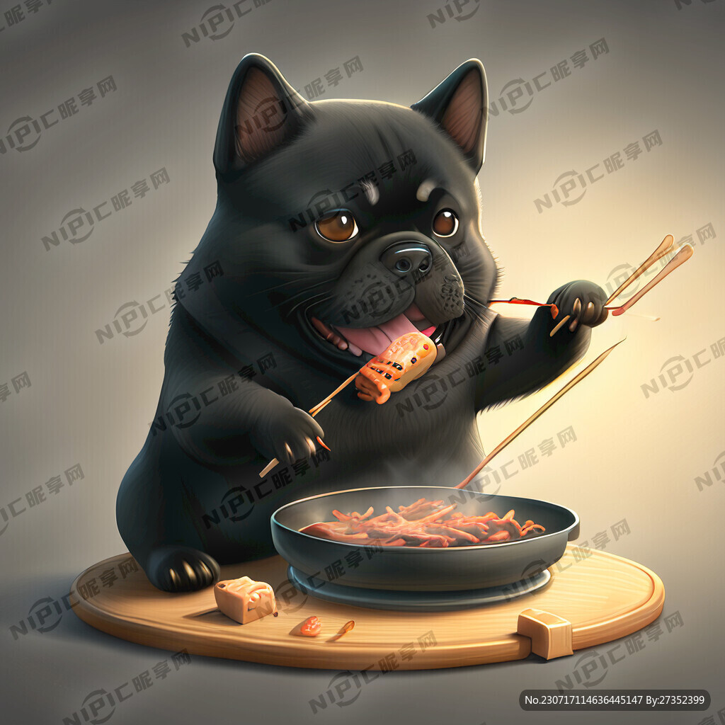 黑色柴犬吃烤串