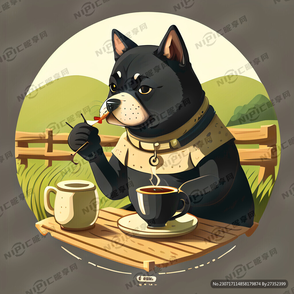 黑色柴犬吃烤串喝茶田园风格图标