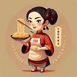 手持烤面筋的卡通人物，中国风，女性，扁平化