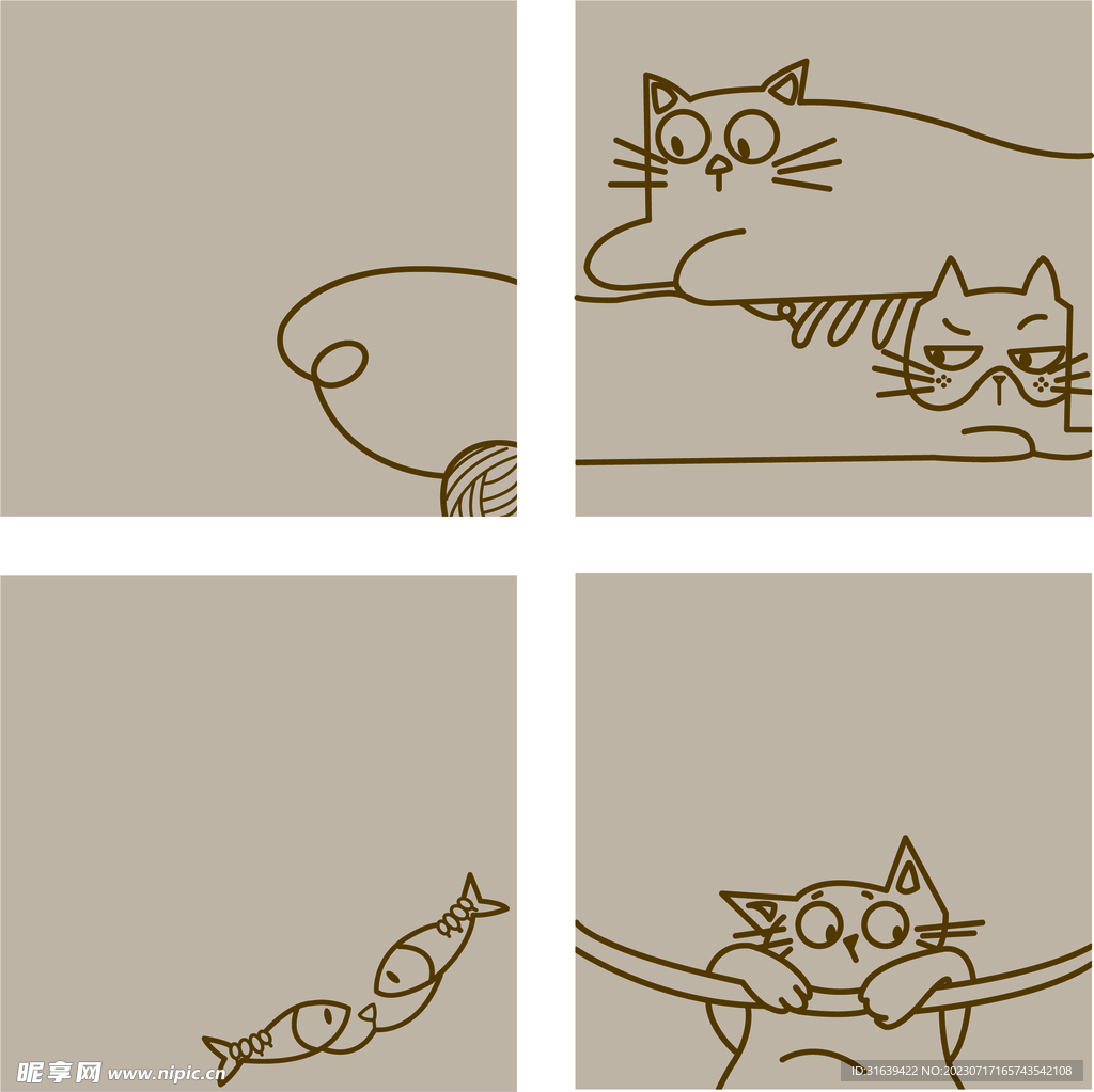 趣味小猫懒猫毛线球吃鱼矢量插画