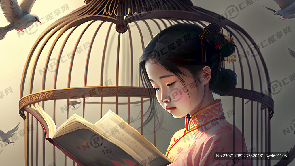 在鸟笼中读书的女孩