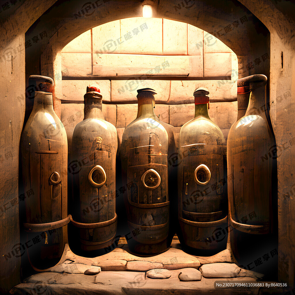 一排排老酒坛在酒窖里