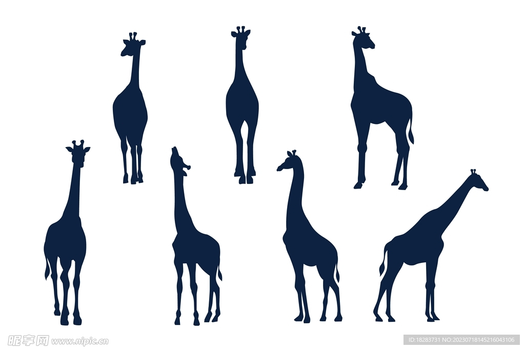黑色多种姿态的长颈鹿动物剪影
