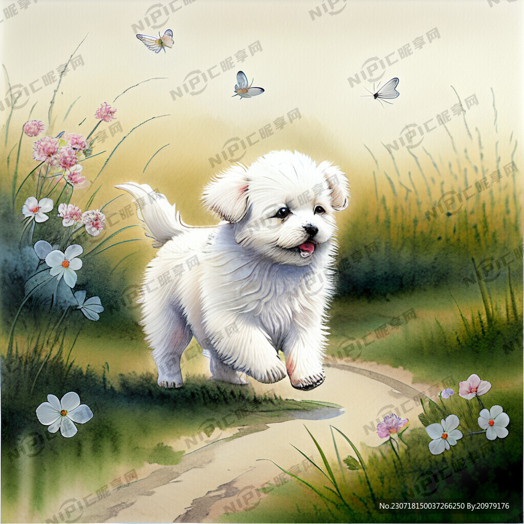 跳舞的白色小狗 有花 蝴蝶