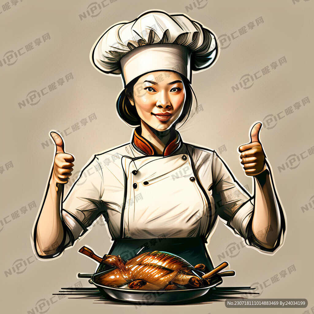 女厨师 煮熟的鸭 烤鸭 素描