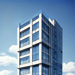 现代化办公楼外观，四层，四分之三侧，蓝天，
