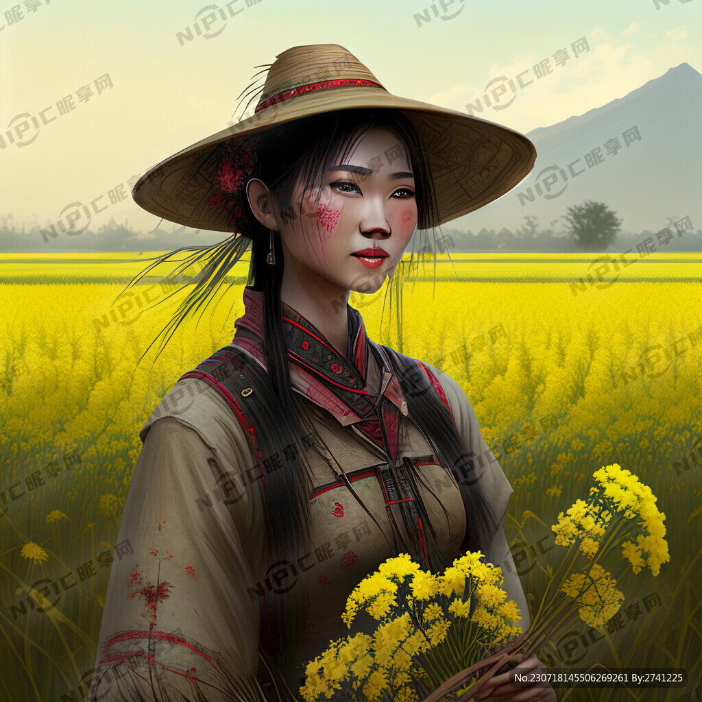 美女 稻草人 田野 油菜花