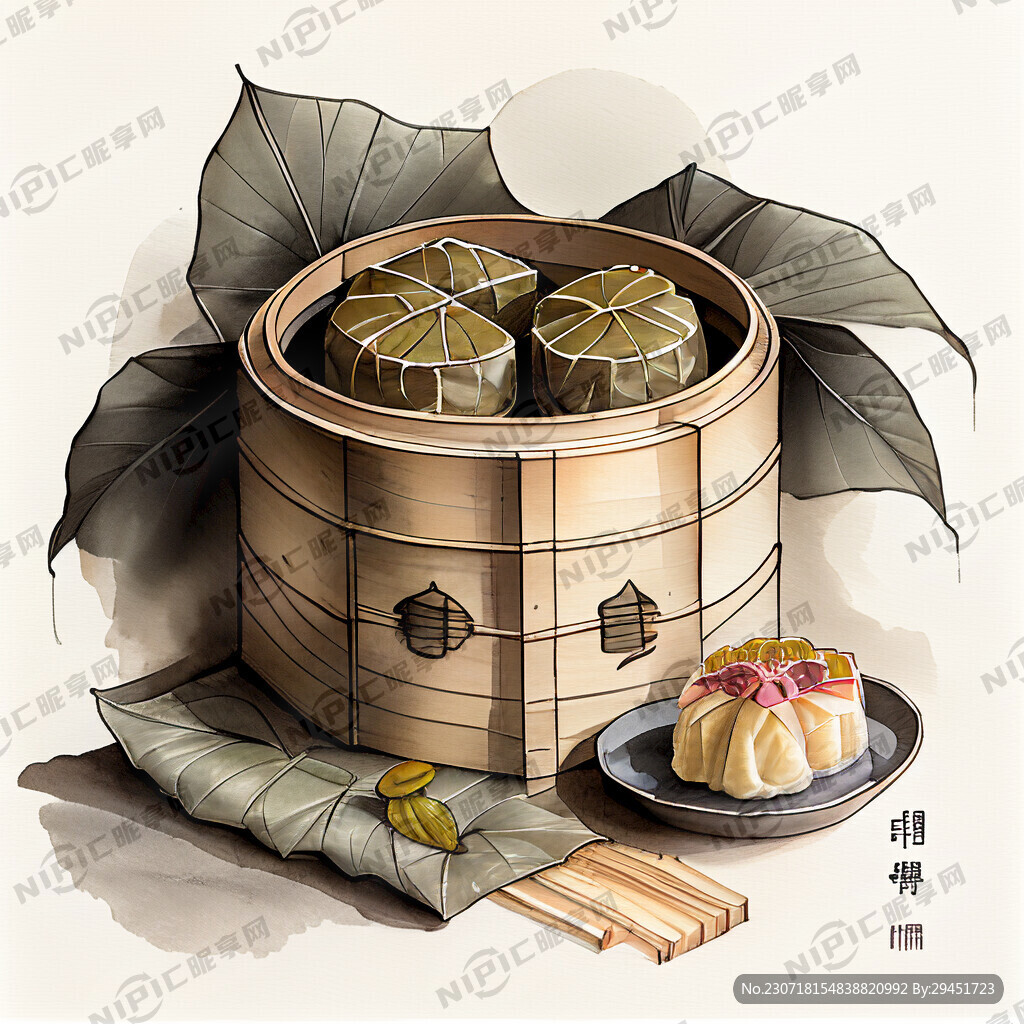 荷叶包裹糕点放在竹蒸笼里蒸