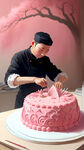 一个画画设计师在做一个粉色的蛋糕
