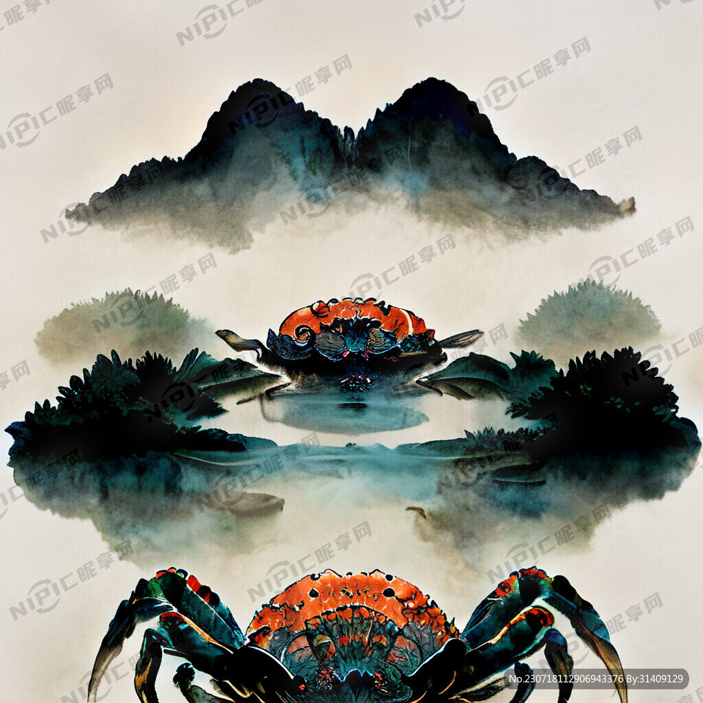 大闸蟹 湖水 特写 国潮风格