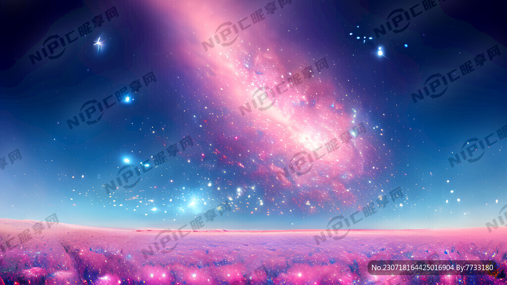 粉色紫色花丛星空银河