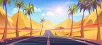 卡通棕榈树沙漠之路透视图.