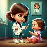 可爱，卡通小女孩，扮演医生，给玩偶看病