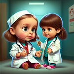 可爱，卡通小女孩，扮演医生，给玩偶看病，二维画面，不要背景