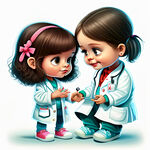 可爱，卡通小女孩，扮演医生，给玩偶看病，白色背景，插图