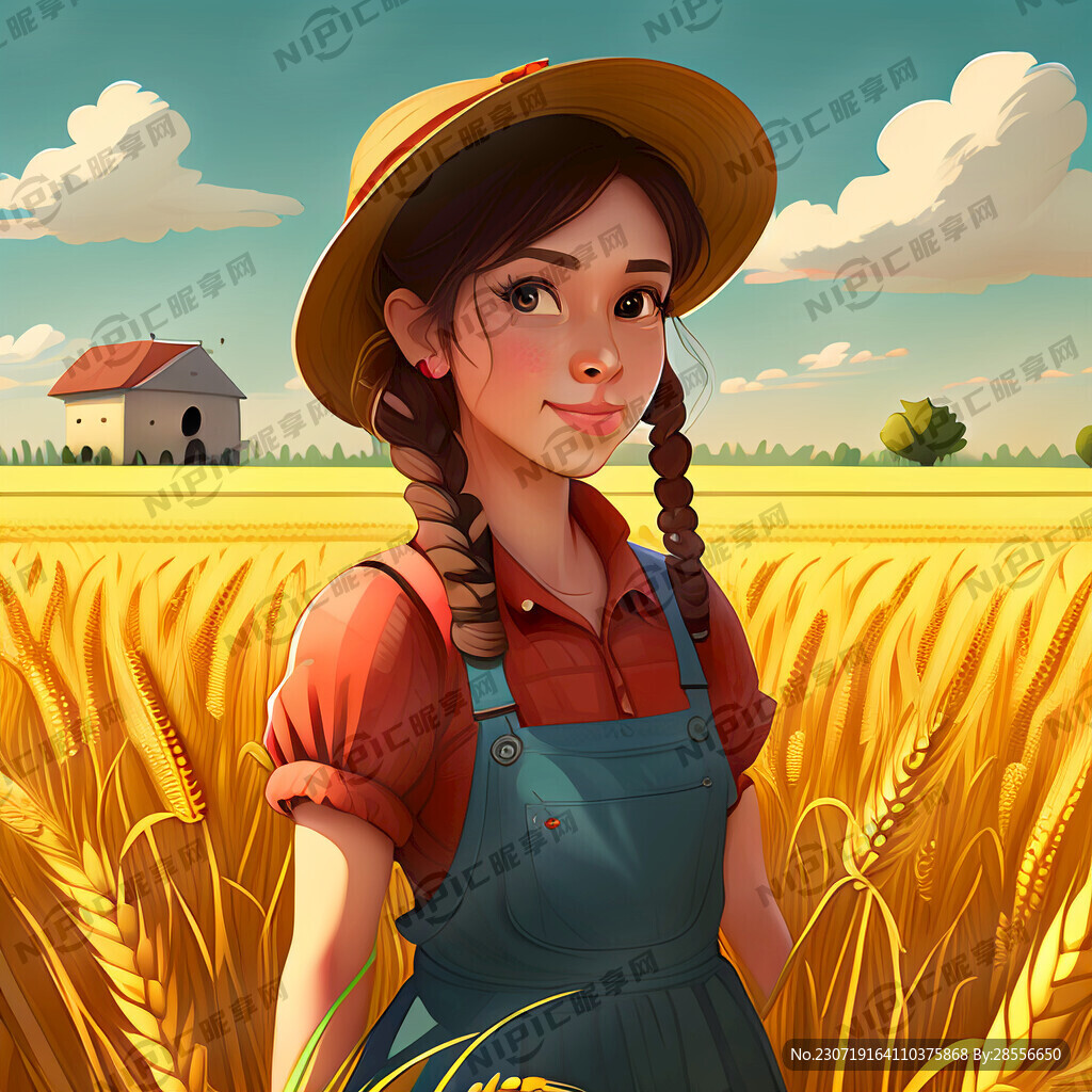 麦田卡通女孩劳作