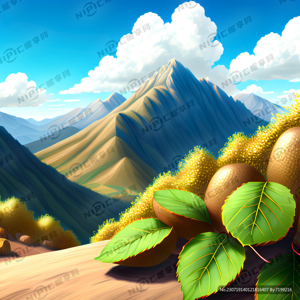 突出猕猴桃带叶子加蓝天山景