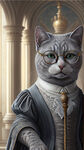 灰色花纹猫咪仿人物肖像，欧式贵族礼服，拿着手杖，带着圆形眼镜，背景是宫殿，半身正面。