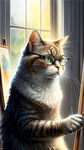 猫咪仿人物肖像，画板，颜料盒，画架，拿着画笔作画，带着眼镜，背景是书房，侧半身，头上方有欧式吊灯，窗帘。