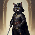 猫咪仿人物肖像，穿着欧式戎装，侧面全身，身材高大，穿着靴子，腰间佩剑，黑色披风，带欧式羽毛帽，背景城堡，