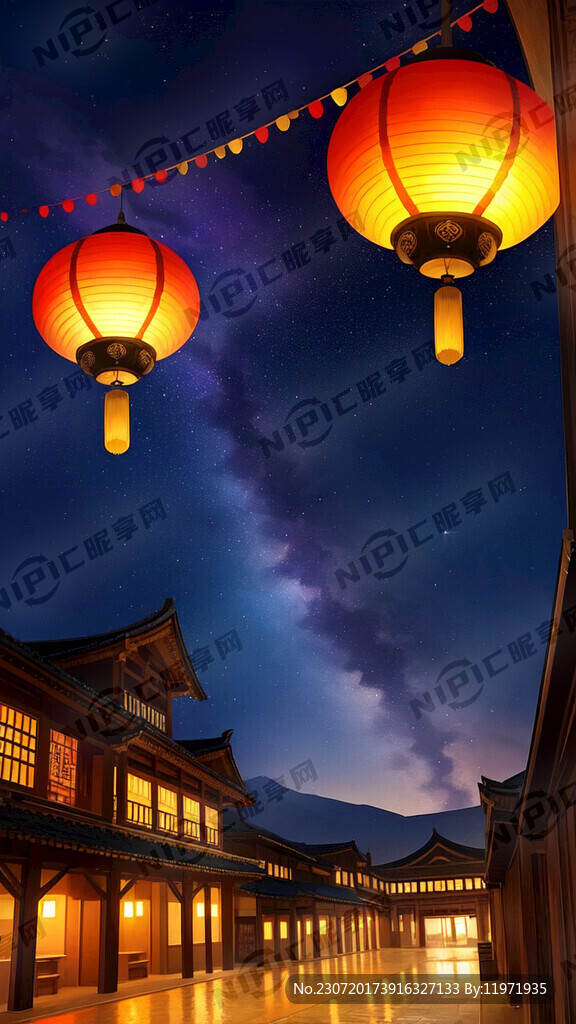 中式卡通风格 夜晚 狐狸 灯笼