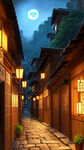中式卡通风格，古代客栈巷子，石板路，夜晚，月光，寒冷雾气