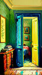 梵高画风，印象派，笔触，房间卧室门，正面，色彩丰富