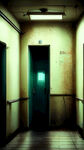 医院手术室门前，幽幽走廊，一个黑色背影，一盏老式旧吊灯，地面拖拽血迹，墙面脏兮兮