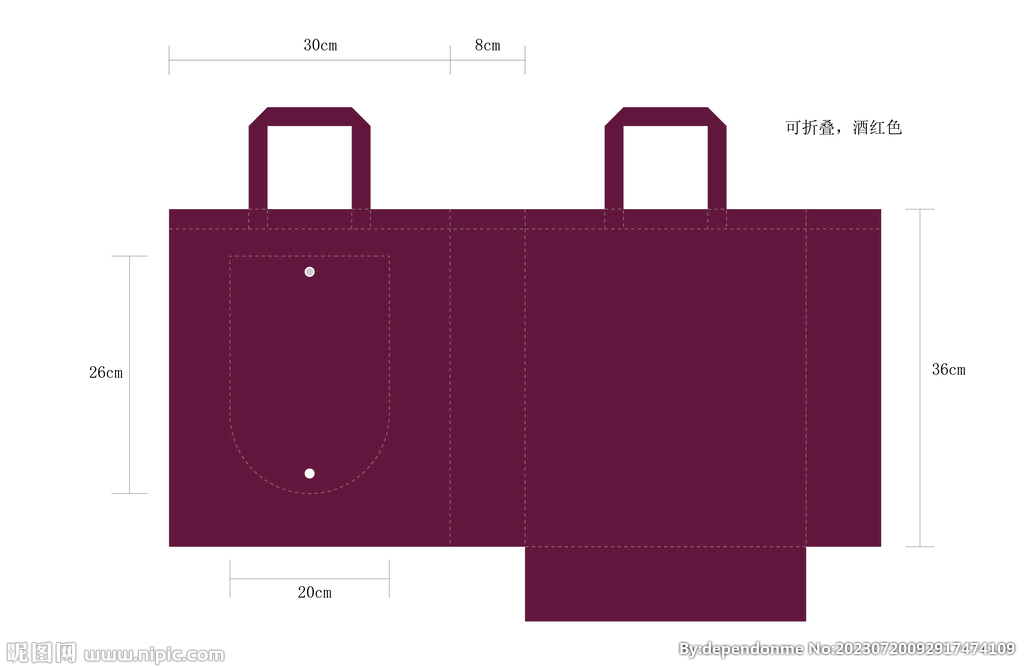 酒红色可折叠帆布袋平面图